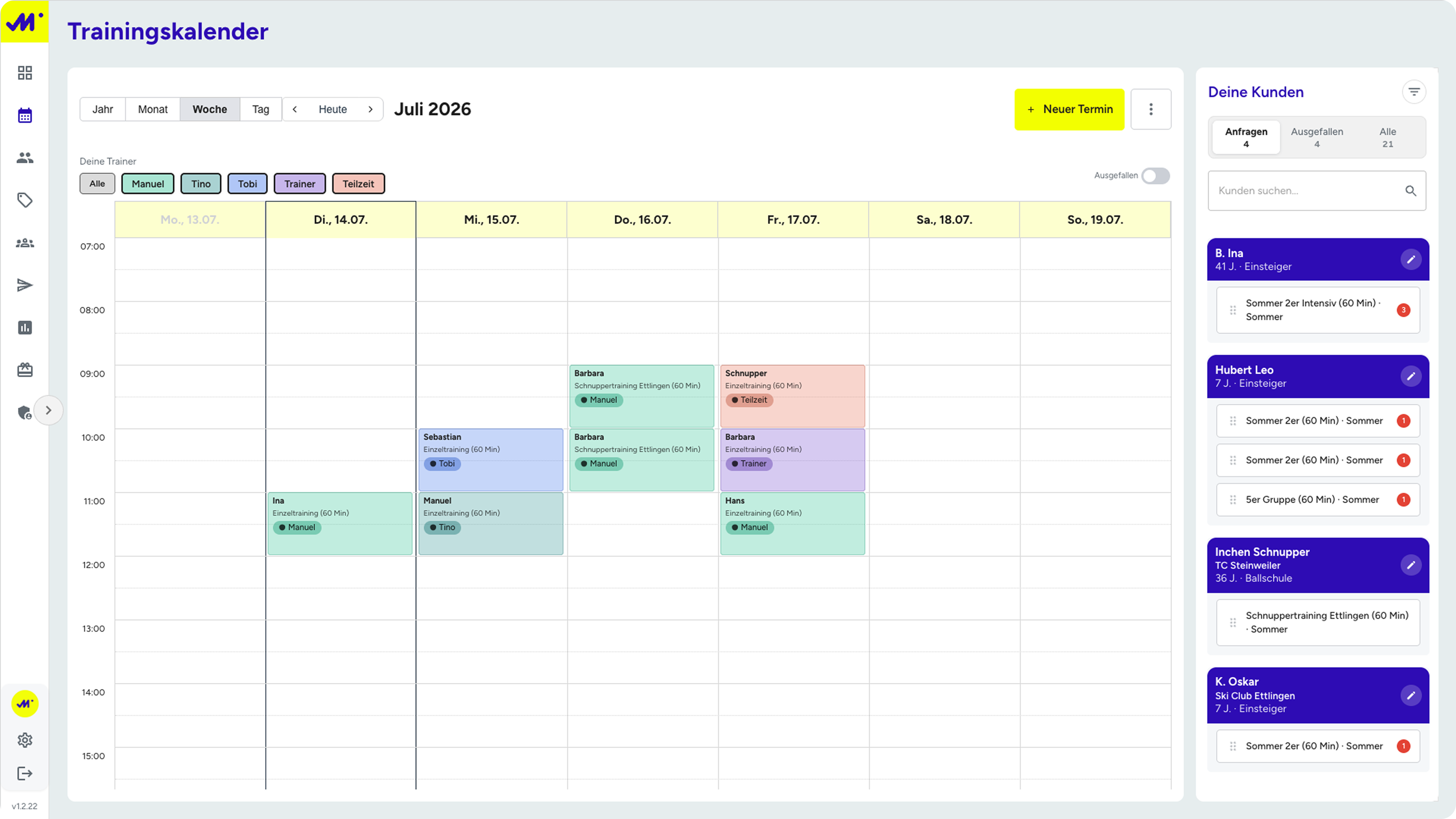 Matchplan Trainingskalender: Wochenplan mit Trainer-Filtern und Kundenliste